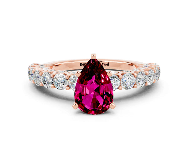 Rose gold Pear Cut Garnet Solitaire Ring with Shared Prong Pavé Band and Four-Prong Setting