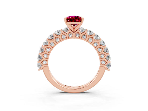 Rose gold Pear Cut Garnet Solitaire Ring with Shared Prong Pavé Band and Four-Prong Setting