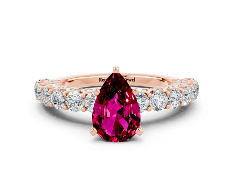 Rose gold Pear Cut Garnet Solitaire Ring with Shared Prong Pavé Band and Four-Prong Setting