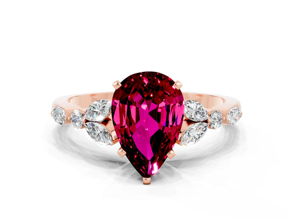 Rose gold Pear Cut Garnet Solitaire Ring with Side Stones and Four-Prong Setting