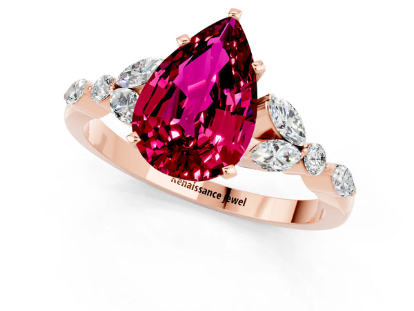 Rose gold Pear Cut Garnet Solitaire Ring with Side Stones and Four-Prong Setting