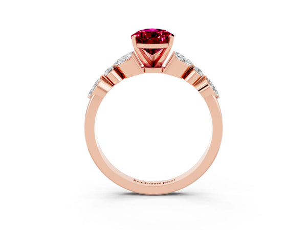 Rose gold Pear Cut Garnet Solitaire Ring with Side Stones and Four-Prong Setting