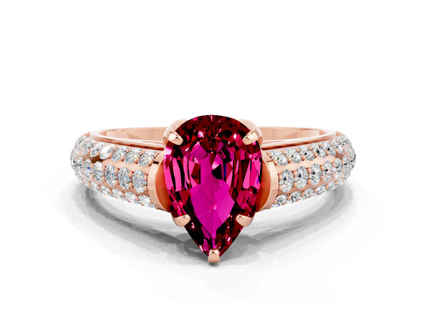 Rose gold Pear Cut Garnet Solitaire Ring with Three-Row Pavé Band and Four-Prong Setting