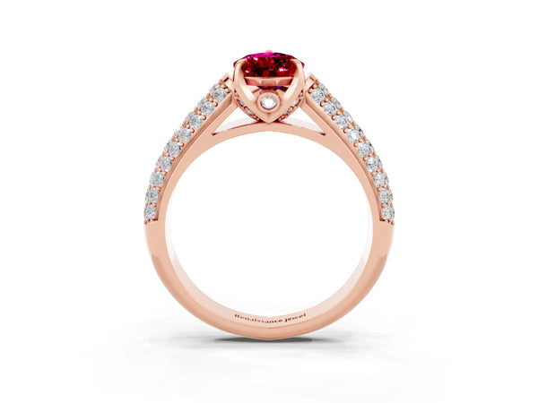 Rose gold Pear Cut Garnet Solitaire Ring with Three-Row Pavé Band and Four-Prong Setting