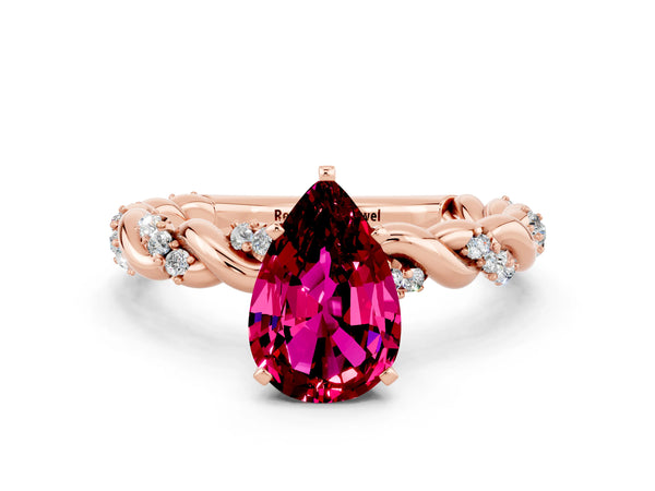 Rose gold Pear Cut Garnet Solitaire Ring with Twisted Band and Pavé Accents