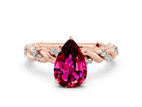 Rose gold Pear Cut Garnet Solitaire Ring with Twisted Band and Pavé Accents