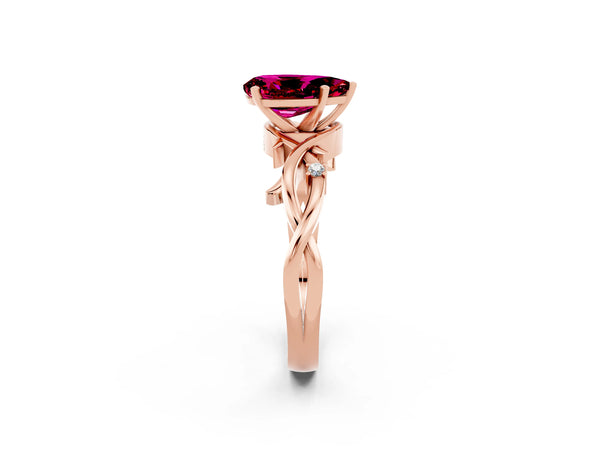 Rose gold Pear Cut Garnet Solitaire Ring with Twisted Band and Prong Setting