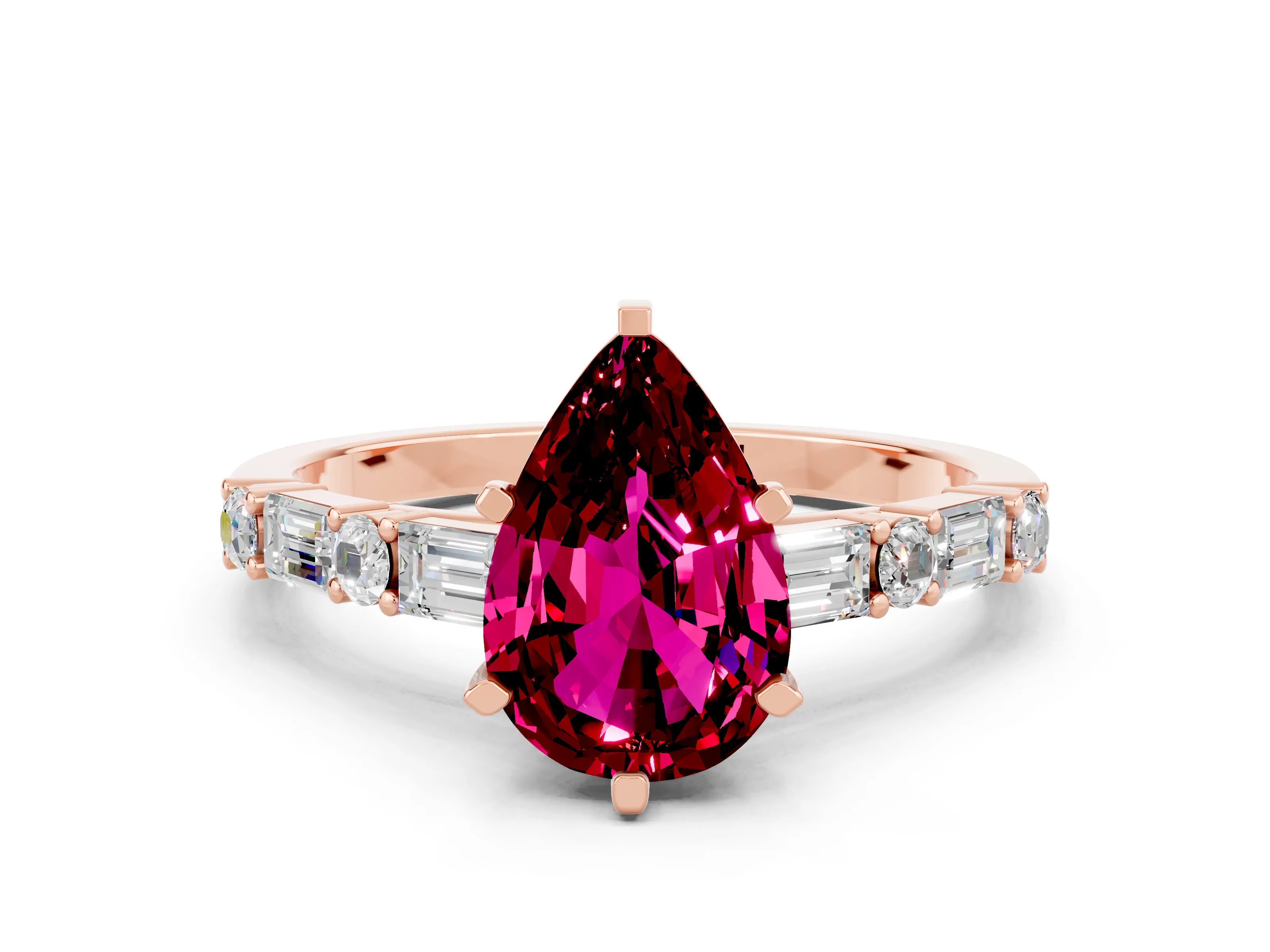 Rose gold Pear Cut Garnet Solitaire with Side Baguettes and Channel Set Band