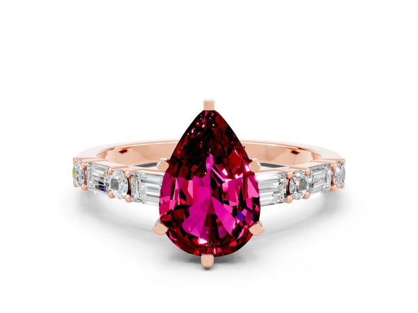 Rose gold Pear Cut Garnet Solitaire with Side Baguettes and Channel Set Band