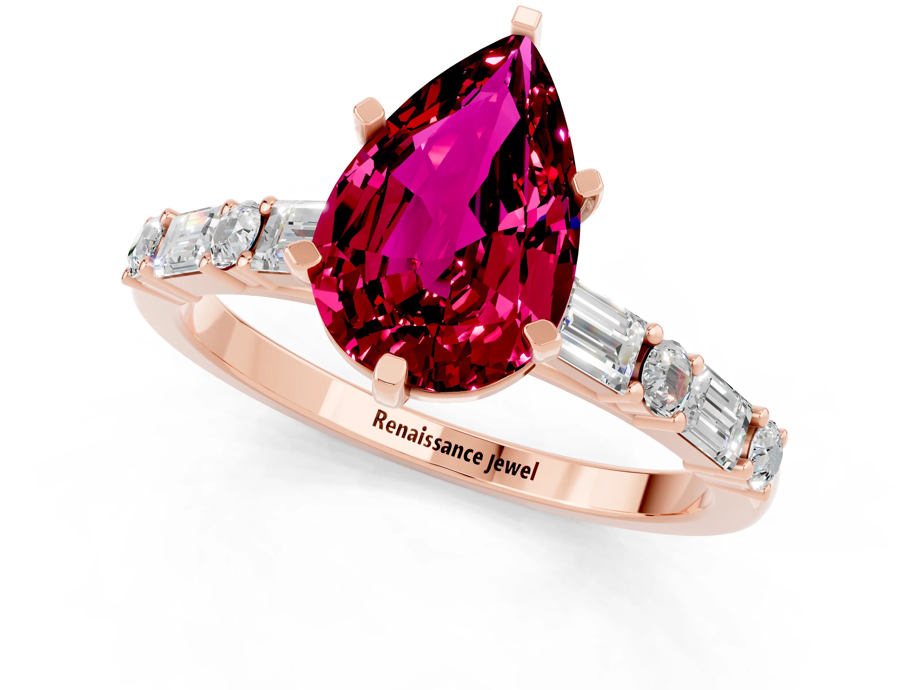 Rose gold Pear Cut Garnet Solitaire with Side Baguettes and Channel Set Band_1