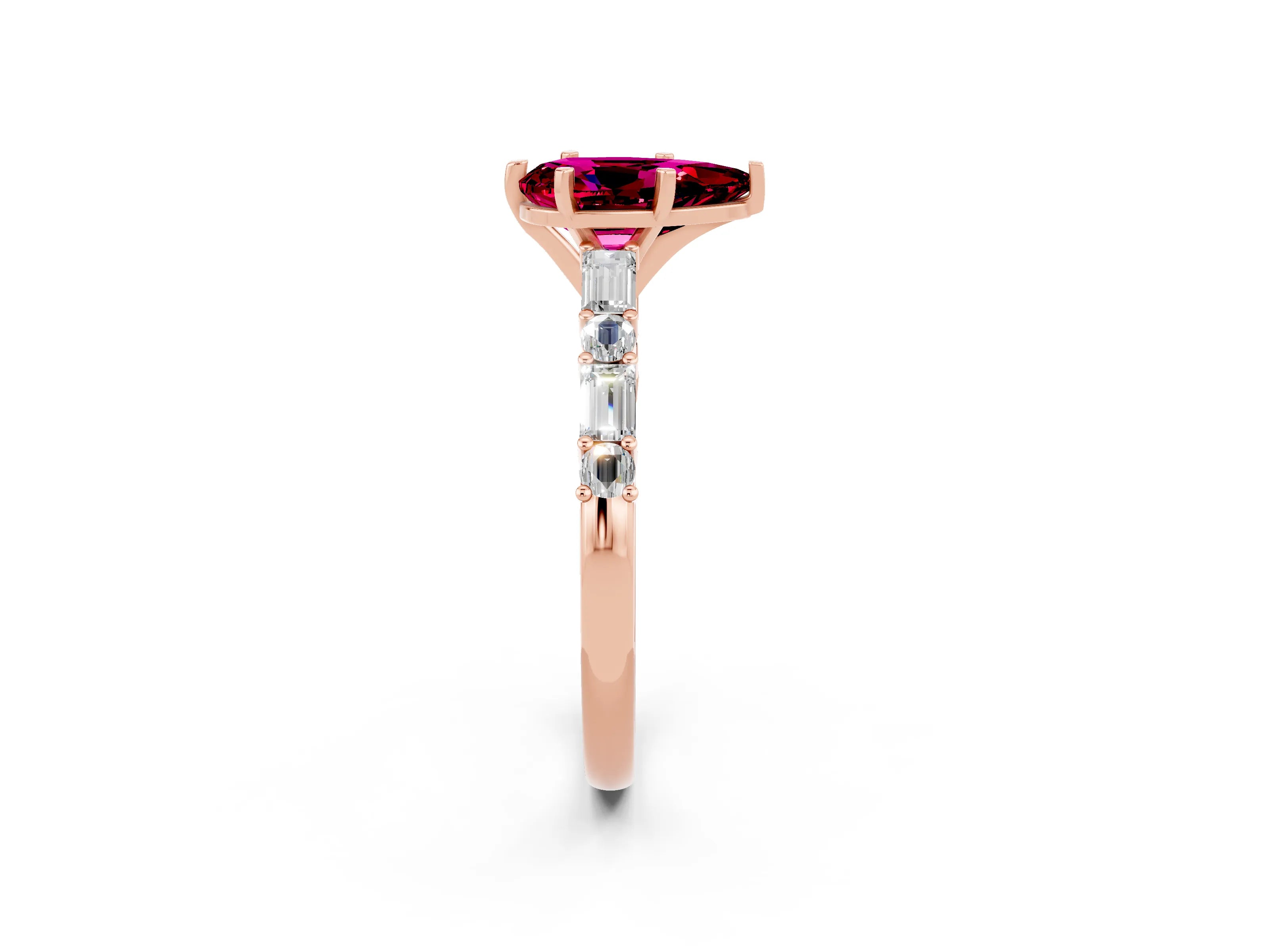 Rose gold Pear Cut Garnet Solitaire with Side Baguettes and Channel Set Band_2