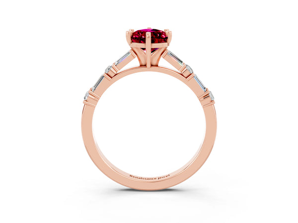 Rose gold Pear Cut Garnet Solitaire with Side Baguettes and Channel Set Band