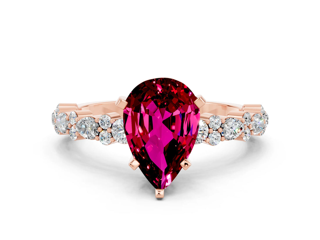 Rose gold Pear Cut Garnet Solitaire with Side Stones, Pave Band, Four-Prong Setting_36