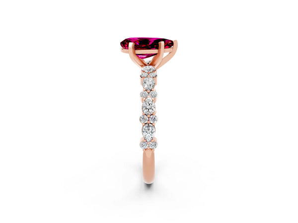 Rose gold Pear Cut Garnet Side Stone Solitaire Ring with Round  and Four-Prong Setting