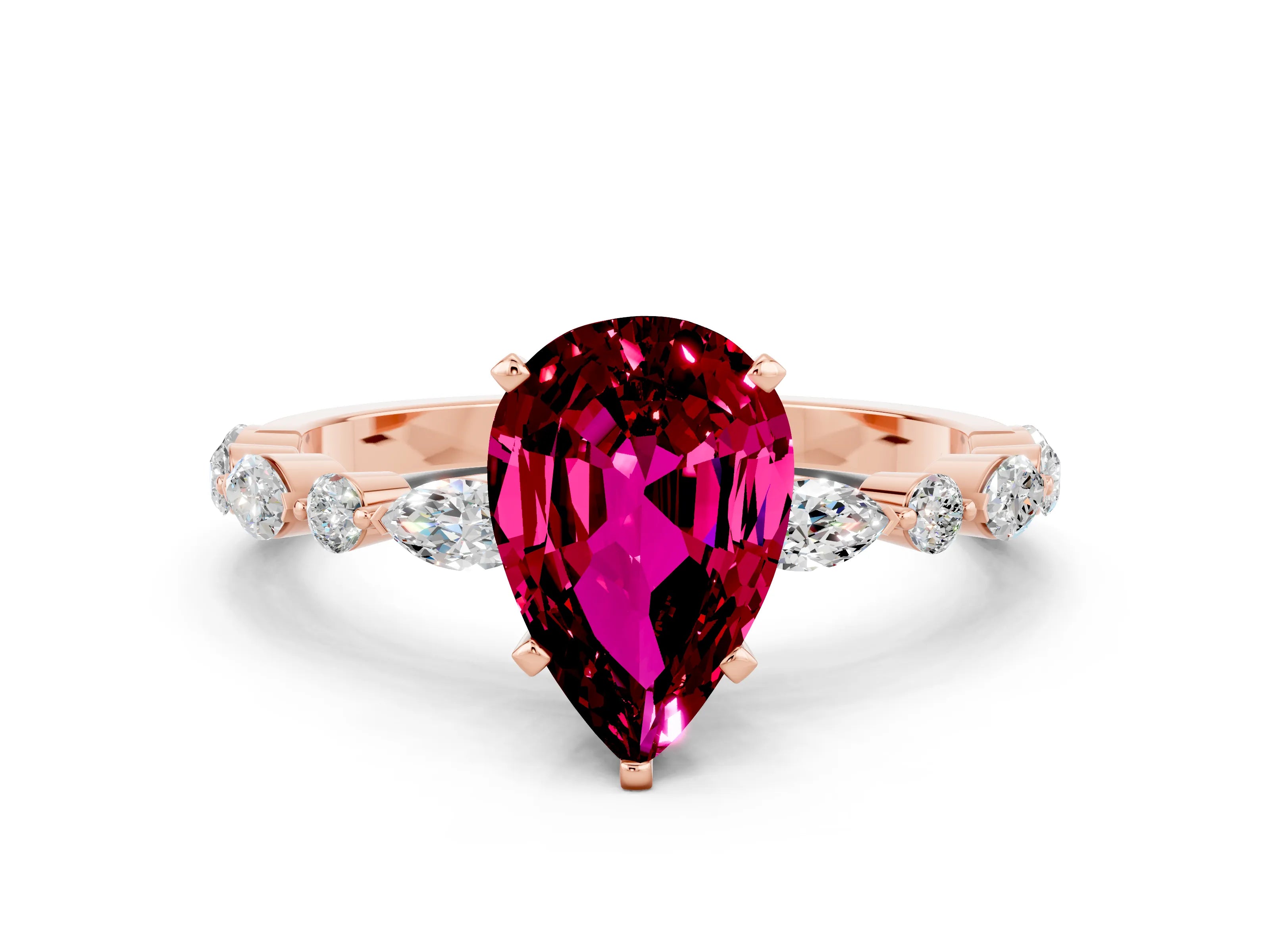 Rose gold Pear Cut Garnet Solitaire with Side Stones on a Pavé Band and Four-Prong Setting