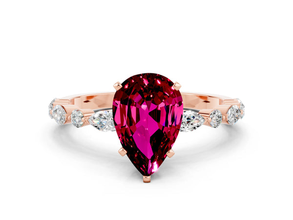 Rose gold Pear Cut Garnet Ring with Marquise and Round  Side Stones and Four-Prong Setting