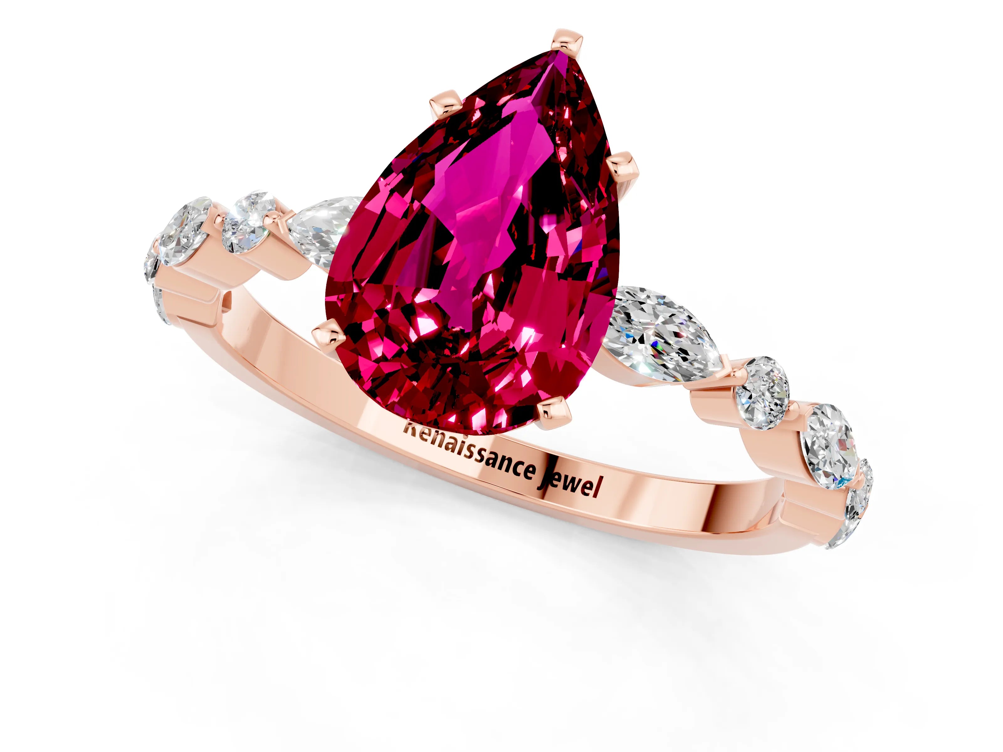 Rose gold Pear Cut Garnet Solitaire with Side Stones on a Pavé Band and Four-Prong Setting_1