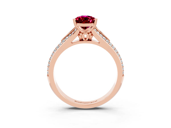 Rose gold Pear Cut Garnet Split Shank Engagement Ring with Pavé Band