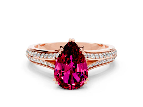 Rose gold Pear Cut Garnet Split Shank Engagement Ring with Pavé Band