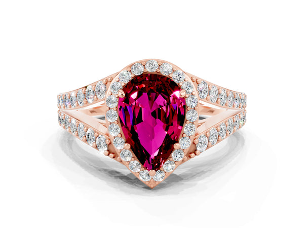 Rose gold Pear Cut Garnet Split Shank Halo Ring with Four-Prong Setting