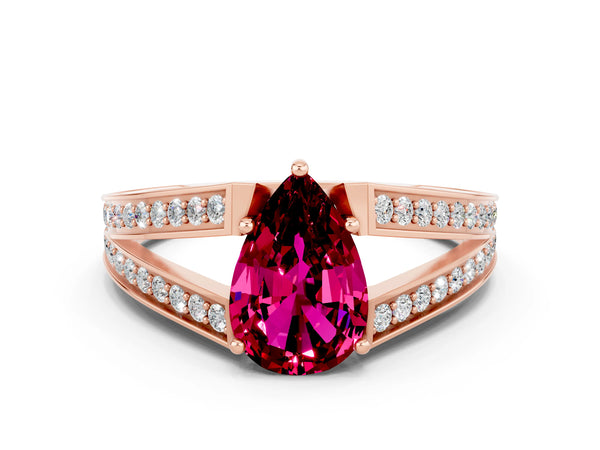 Rose gold Pear Cut Garnet Split Shank Ring with Pavé Band and Four-Prong Setting