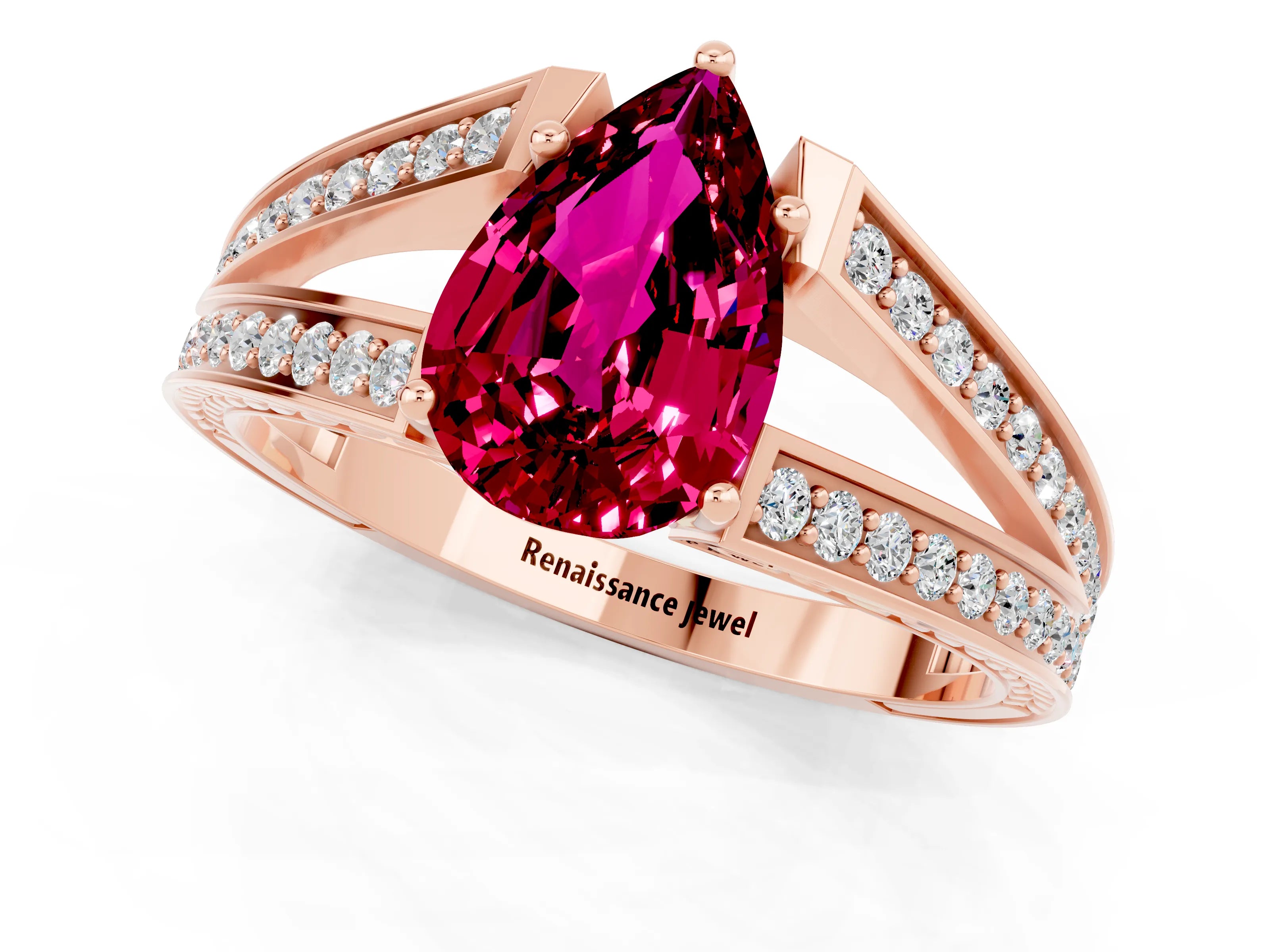 Rose gold Pear Cut Garnet Split Shank Ring with Pavé Band and Four-Prong Setting_1