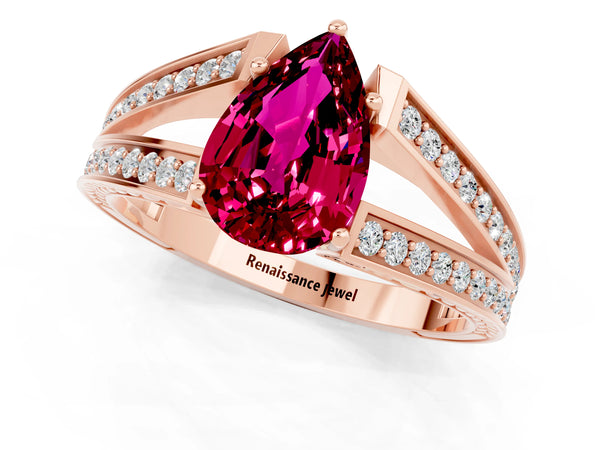 Rose gold Pear Cut Garnet Split Shank Ring with Pavé Band and Four-Prong Setting
