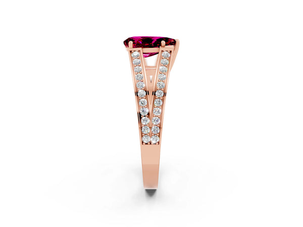 Rose gold Pear Cut Garnet Split Shank Ring with Pavé Band and Four-Prong Setting