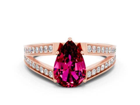 Rose gold Pear Cut Garnet Split Shank Ring with Pavé Band and Four-Prong Setting