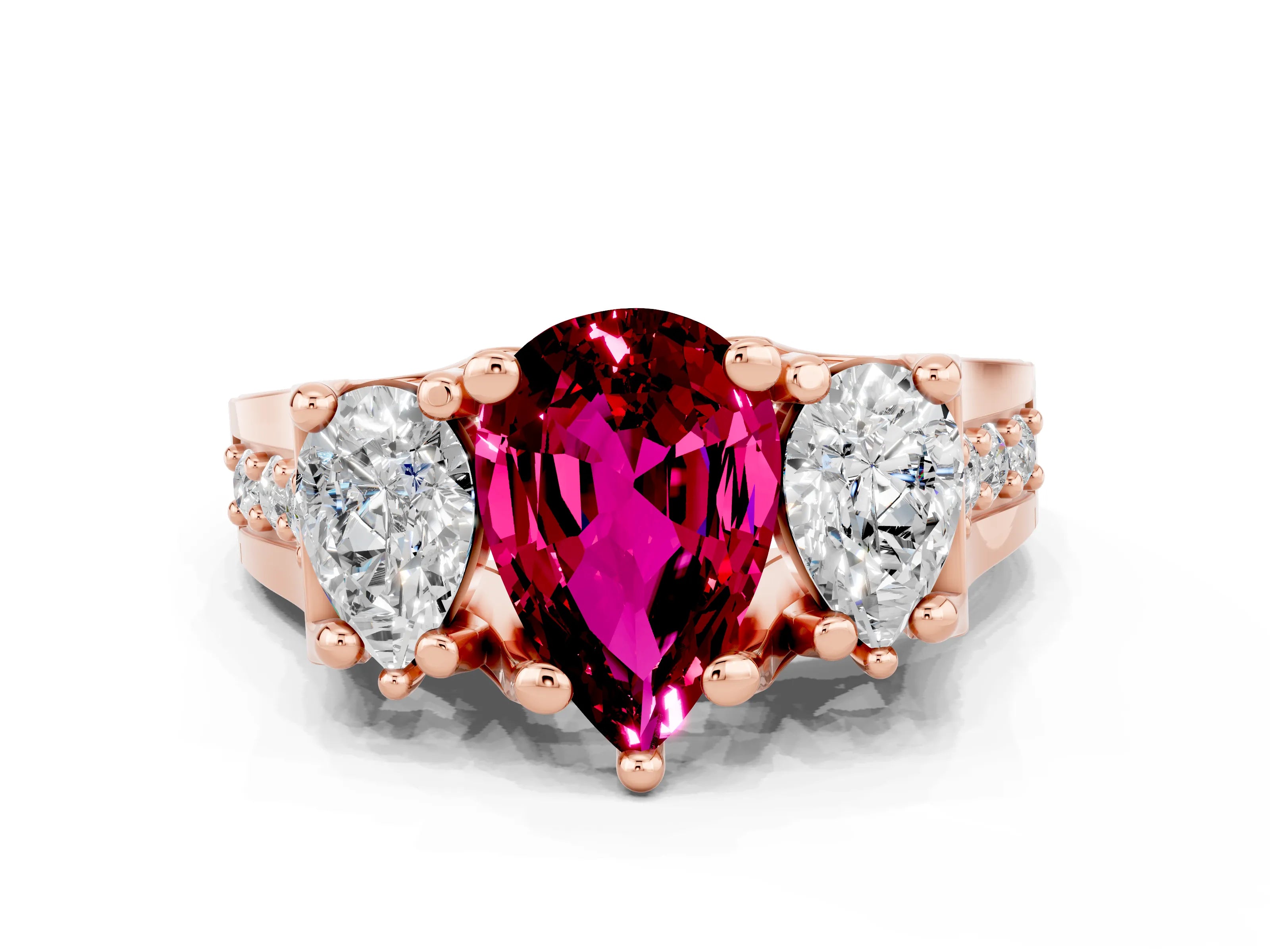 Rose gold Pear Cut Garnet Three-Stone Ring with Channel Set Band and Four-Prong Setting