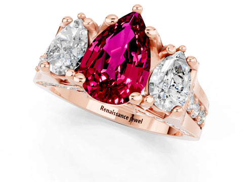 Rose gold Pear Cut Garnet Three-Stone Ring with Channel Set Band and Four-Prong Setting_1