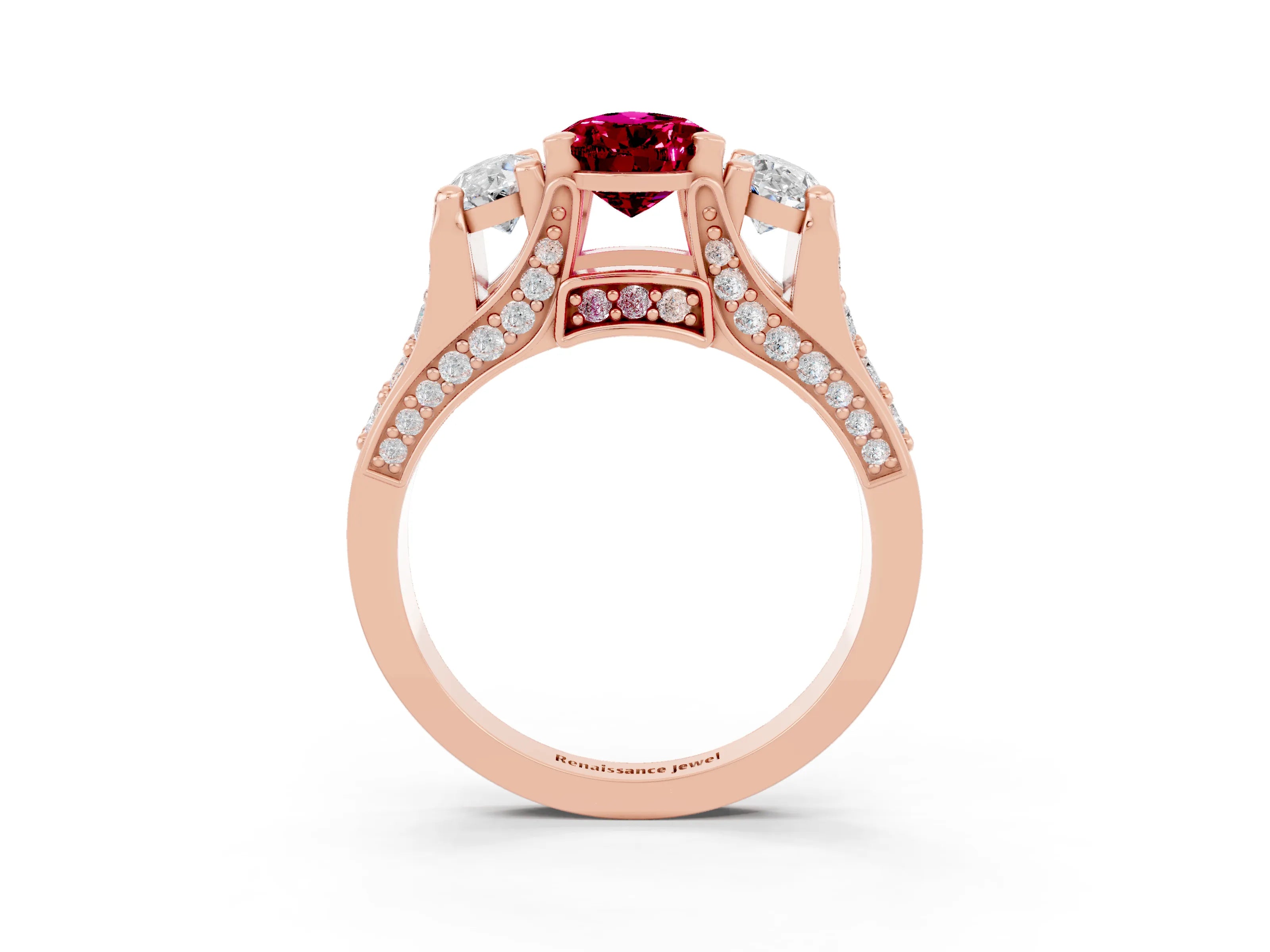 Rose gold Pear Cut Garnet Three-Stone Ring with Channel Set Band and Four-Prong Setting_3