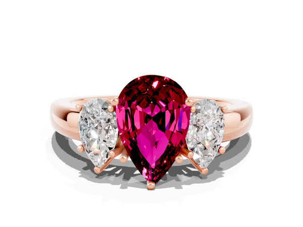 Rose gold Pear Cut Garnet Three-Stone Ring with Four-Prong Setting and Classic Band
