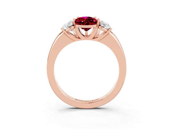 Rose gold Pear Cut Garnet Three-Stone Ring with Four-Prong Setting and Classic Band