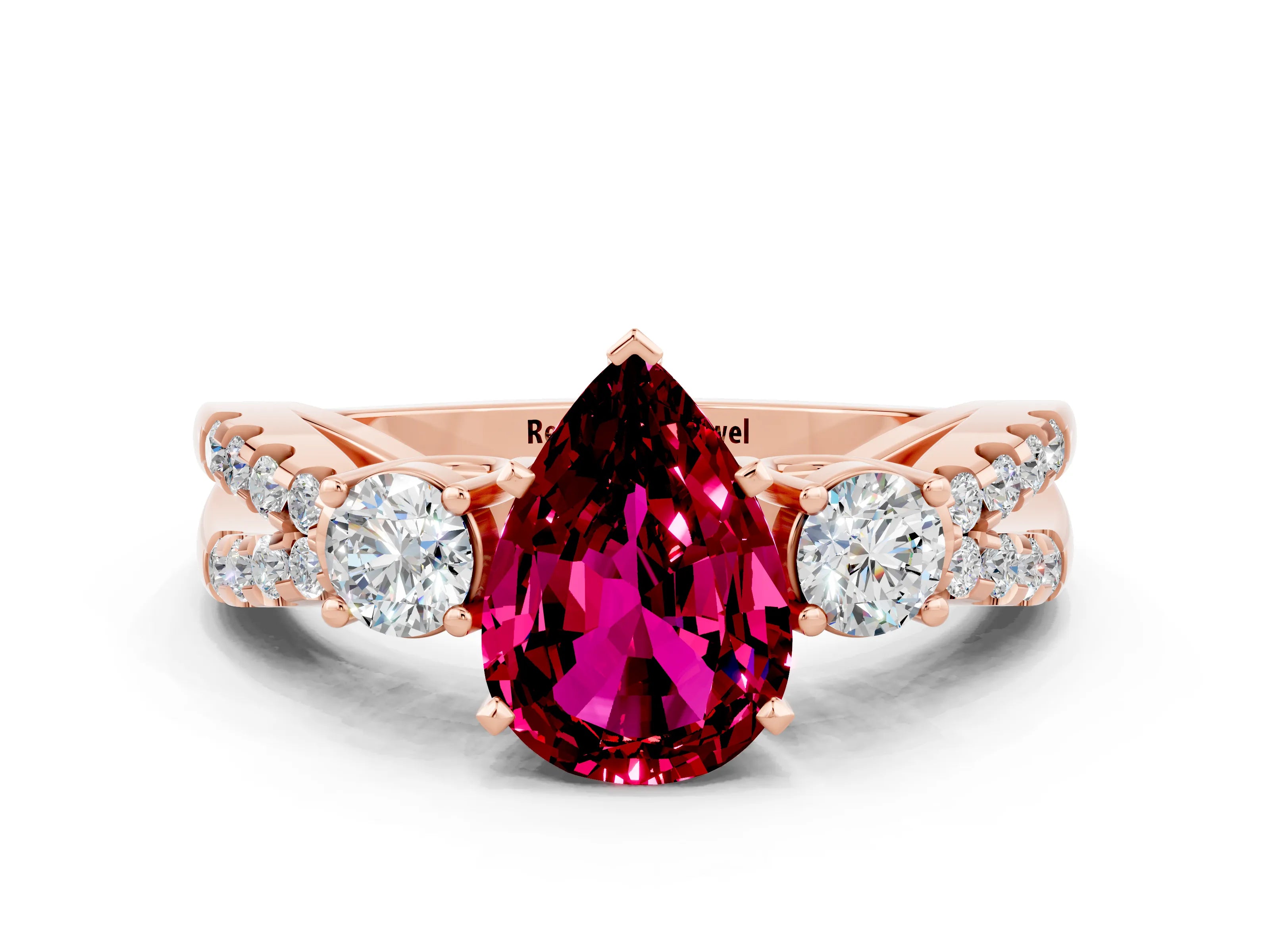 Rose gold Pear Cut Garnet Three-Stone Ring with Pavé Split Shank and Four-Prong Setting_12