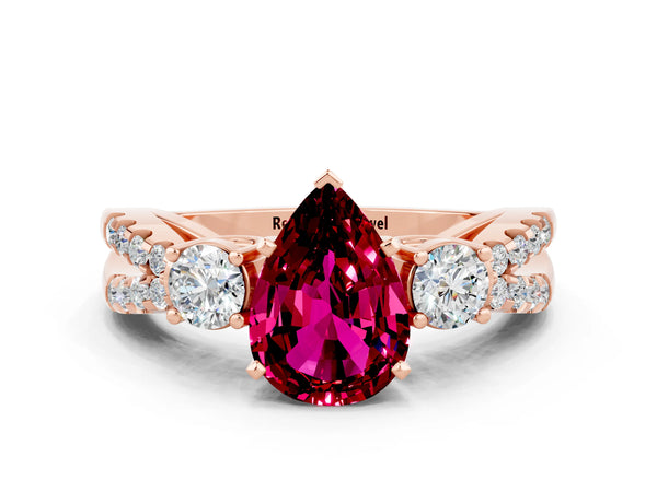 Rose gold Pear Cut Garnet Three-Stone Ring with Pavé Split Shank and Four-Prong Setting