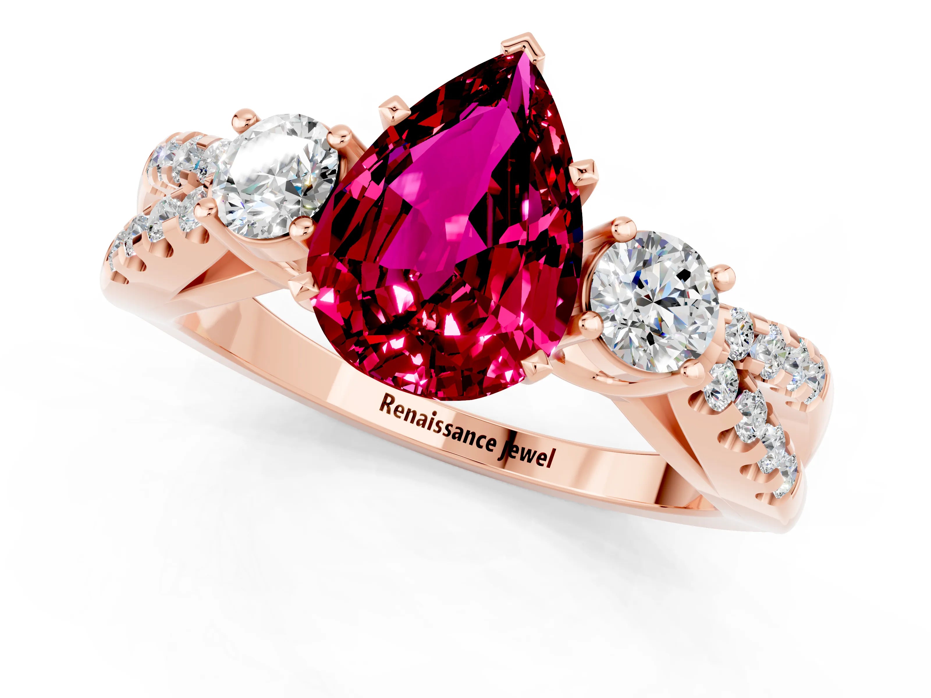 Rose gold Pear Cut Garnet Three-Stone Ring with Pavé Split Shank and Four-Prong Setting_13
