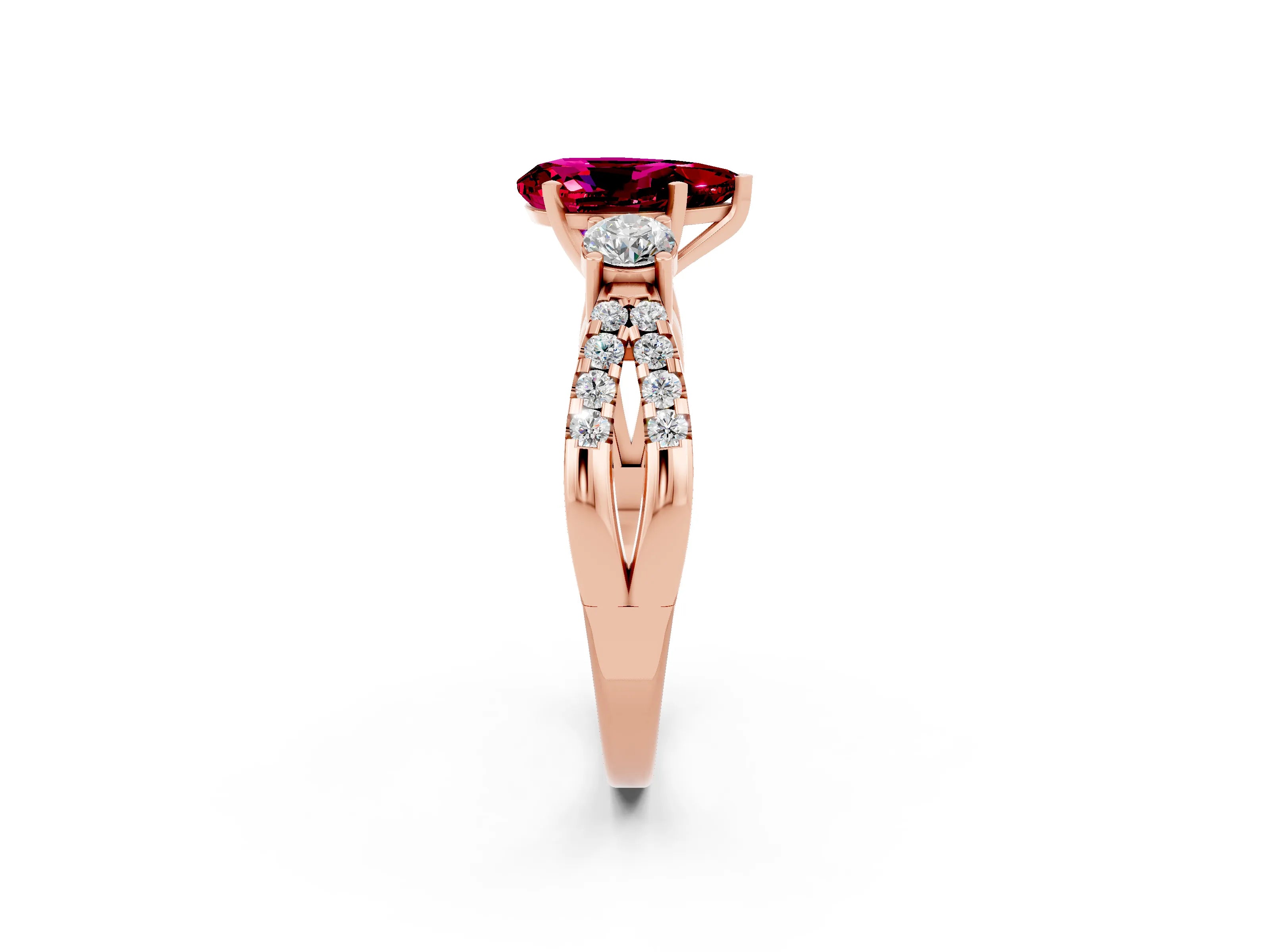 Rose gold Pear Cut Garnet Three-Stone Ring with Pavé Split Shank and Four-Prong Setting_14