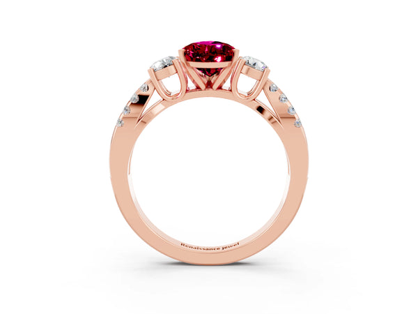 Rose gold Pear Cut Garnet Three-Stone Ring with Pavé Split Shank and Four-Prong Setting