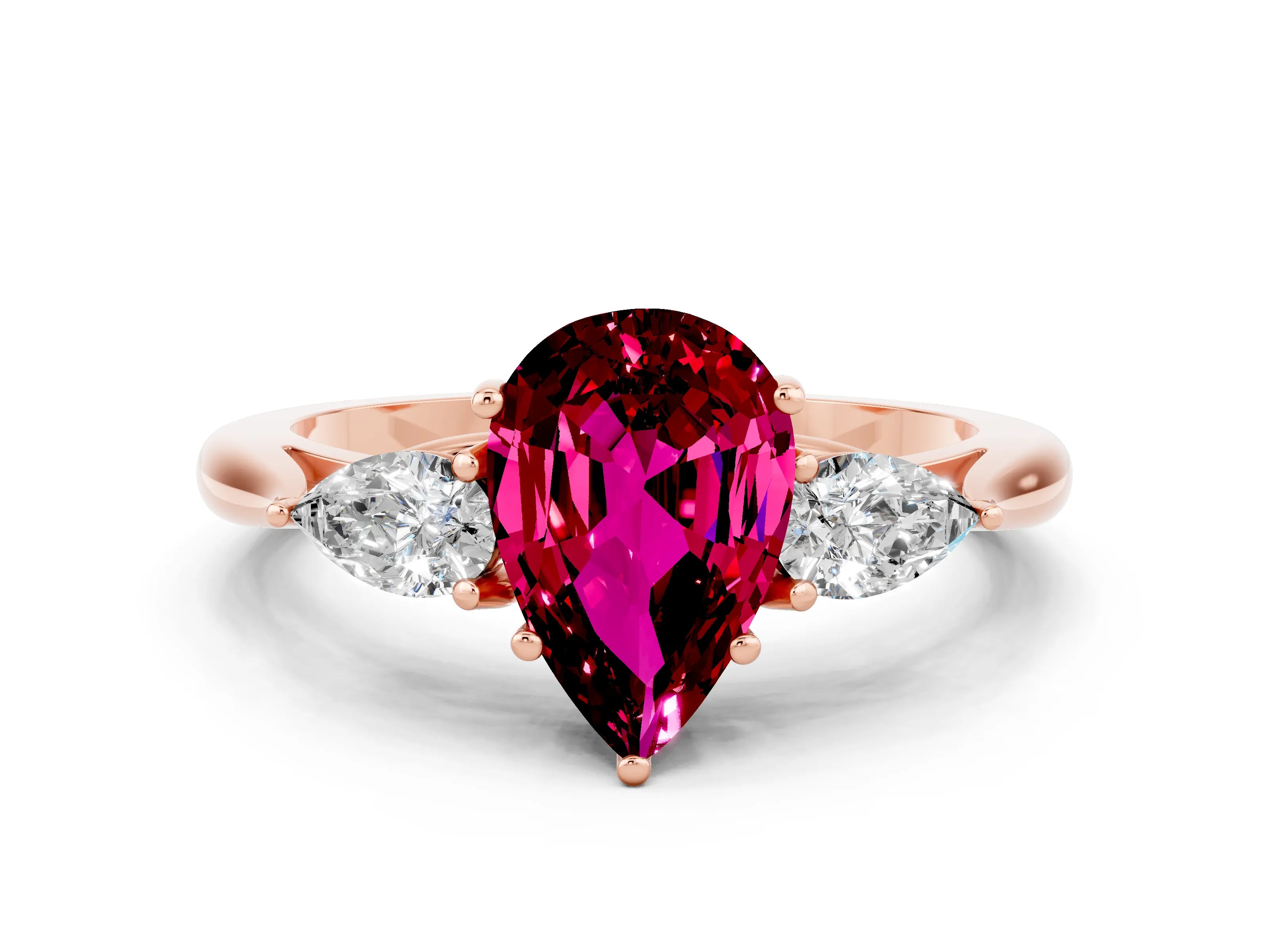 Rose gold Pear Cut Garnet Three-Stone Ring with Pear Side Stones and Four-Prong Setting_12