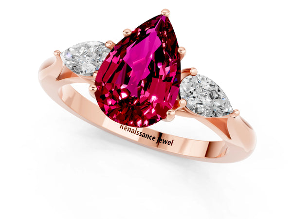 Rose gold Pear Cut Garnet Three-Stone Ring with Pear  Side Stones and Prong Setting