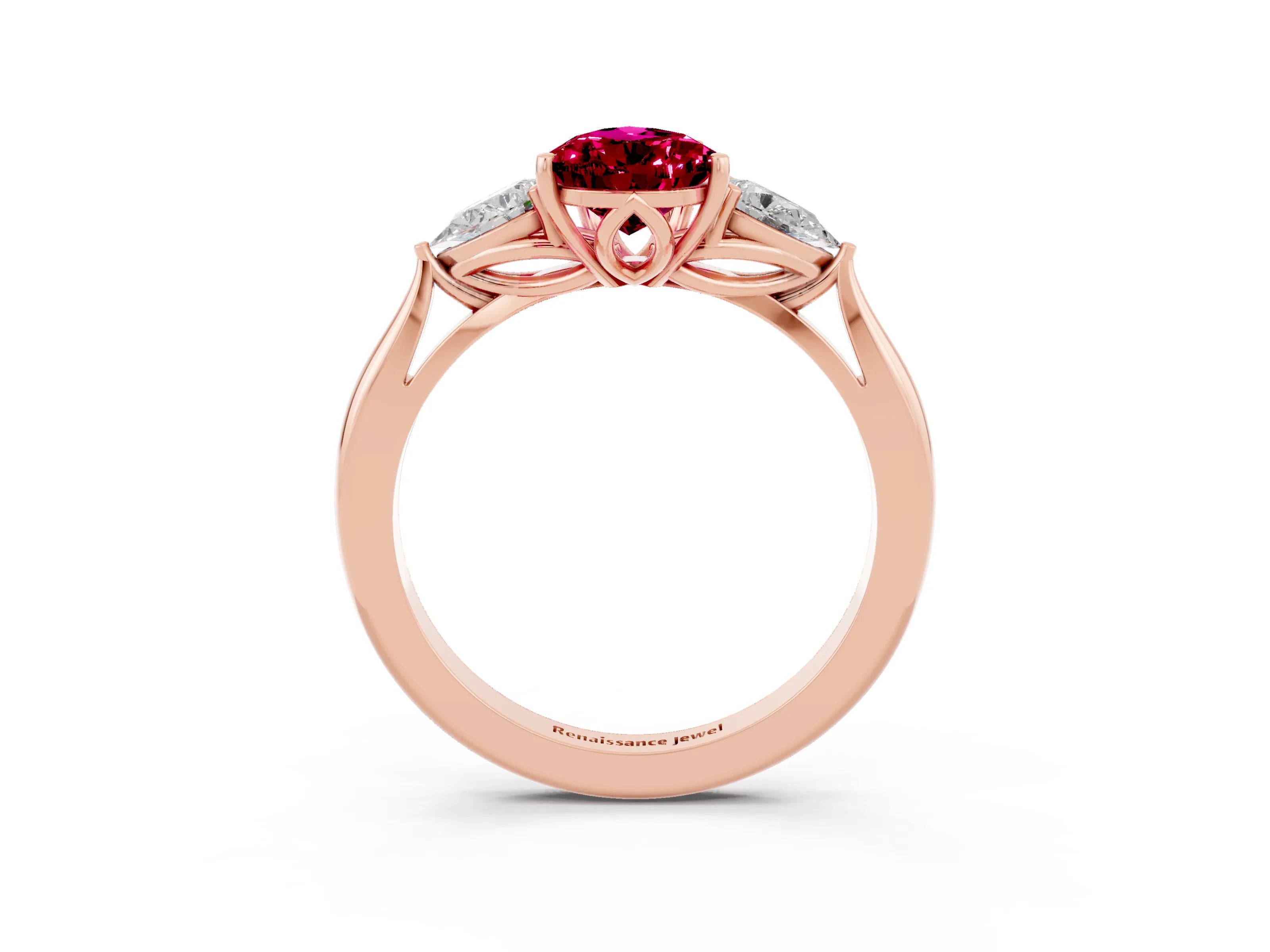 Rose gold Pear Cut Garnet Three-Stone Ring with Pear Side Stones and Four-Prong Setting_15