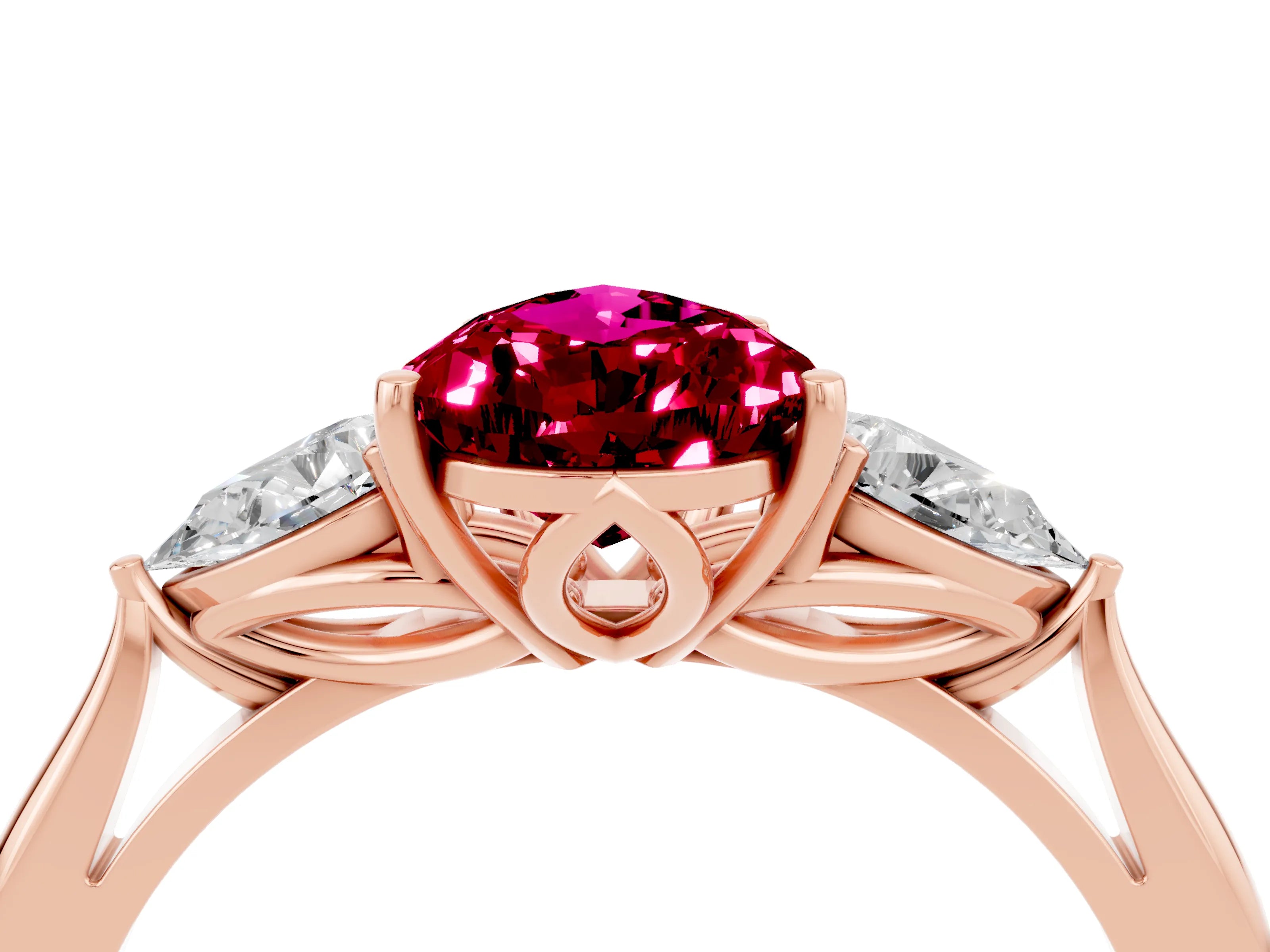 Rose gold Pear Cut Garnet Three-Stone Ring with Pear Side Stones and Four-Prong Setting_16