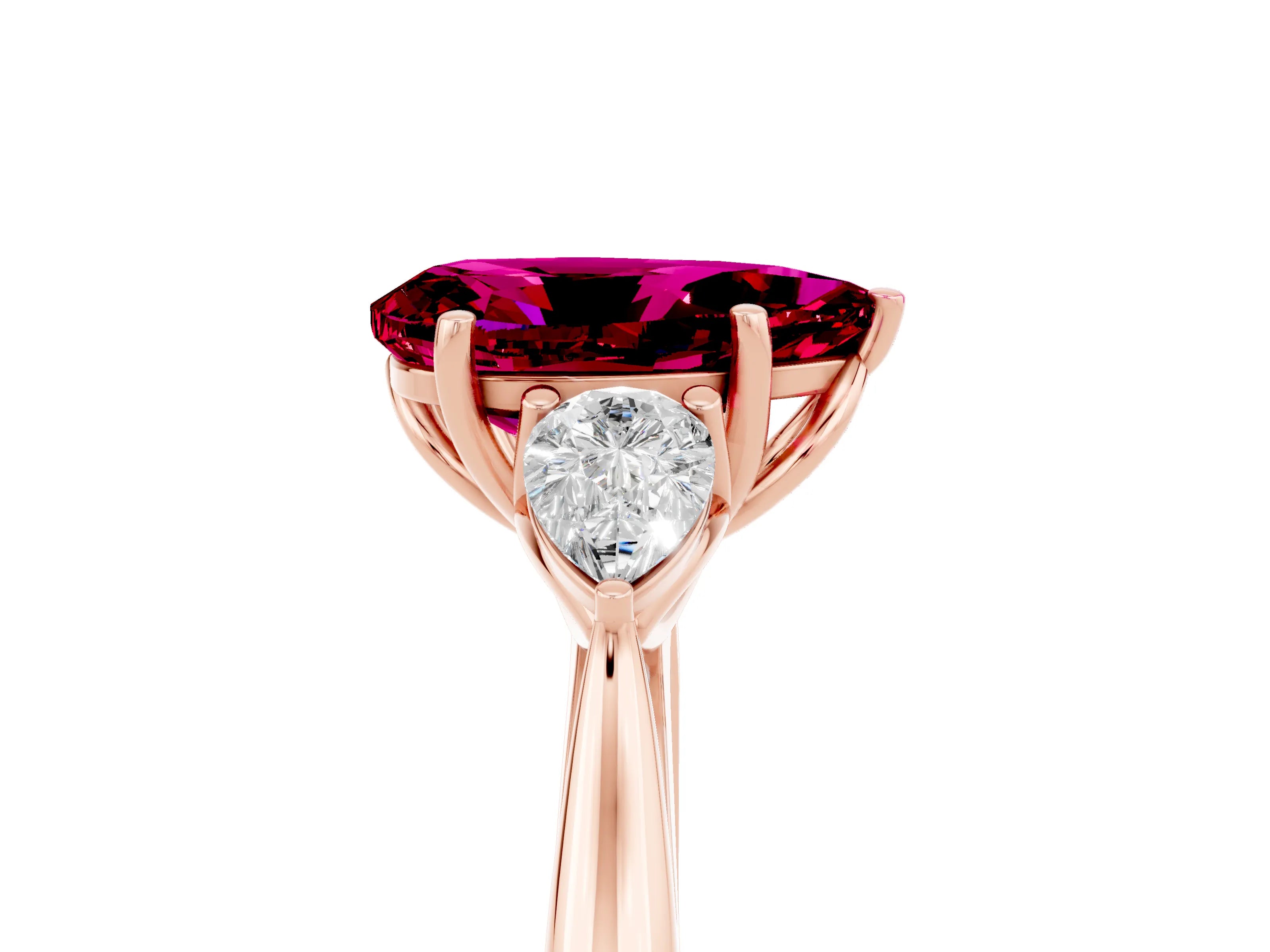 Rose gold Pear Cut Garnet Three-Stone Ring with Pear Side Stones and Four-Prong Setting_17