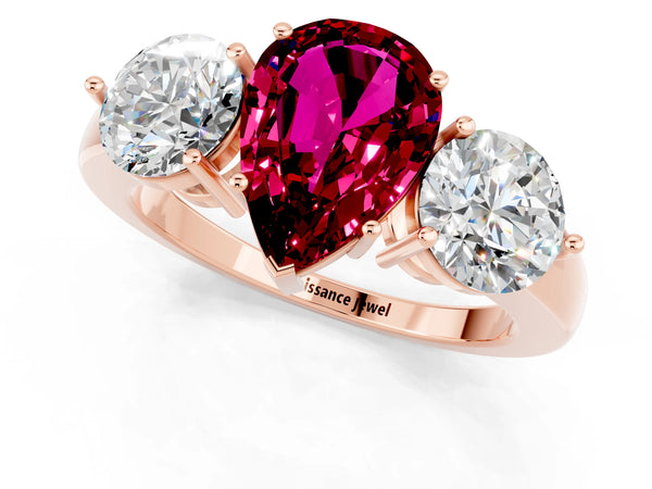 Rose gold Pear Cut Garnet Three-Stone Ring with Prong Setting and Classic Band