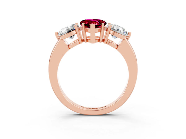 Rose gold Pear Cut Garnet Three-Stone Ring with Prong Setting and Classic Band