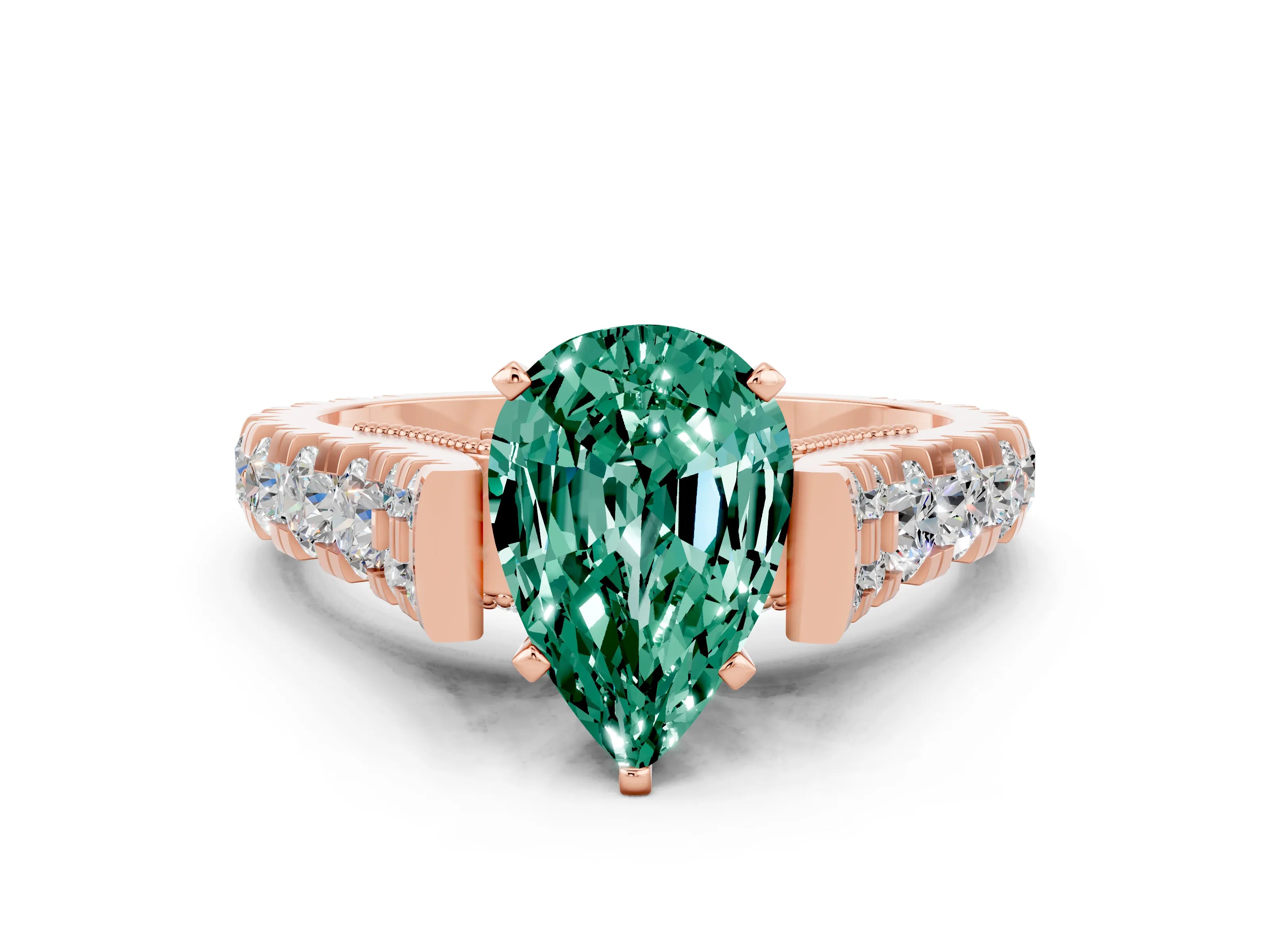 Rose gold Pear Cut Green Sapphire Classic Solitaire Ring with Pavé Band and Four-Prong Setting