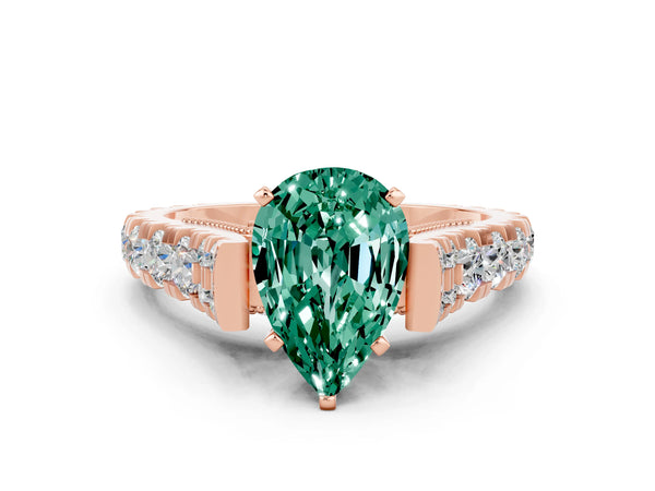 Rose gold Pear Cut Green Sapphire Classic Solitaire Ring with Pavé Band and Four-Prong Setting