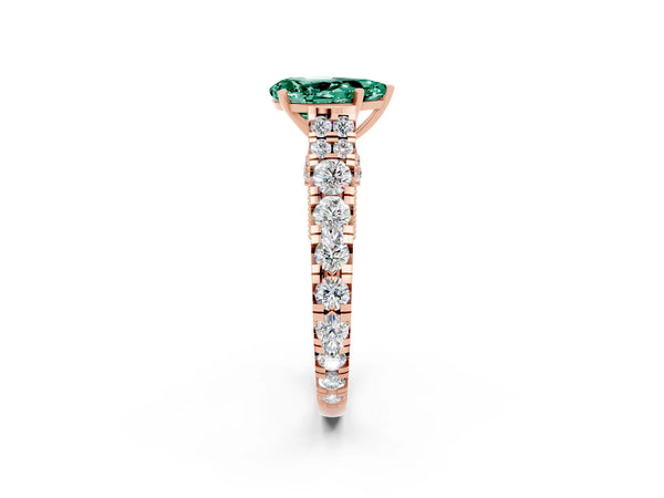 Rose gold Pear Cut Green Sapphire Classic Solitaire Ring with Pavé Band and Four-Prong Setting