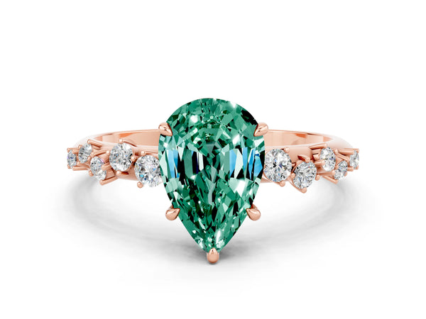 Rose gold Pear Cut Green Sapphire Cluster Side Stone Solitaire Ring with Prong Setting
